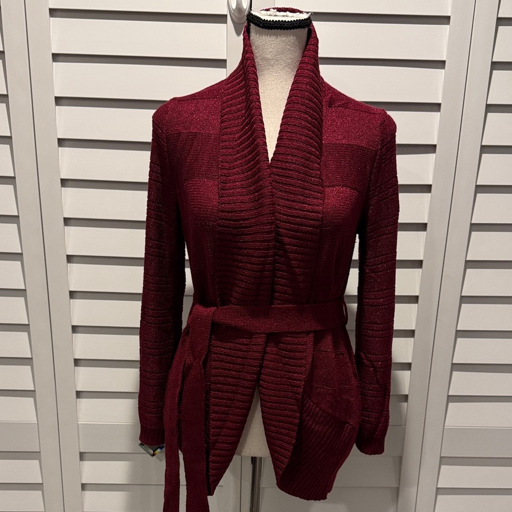 The Limited Burgundy Cardigan Sweater with belt, few small pulls. - Picture 2 of 11